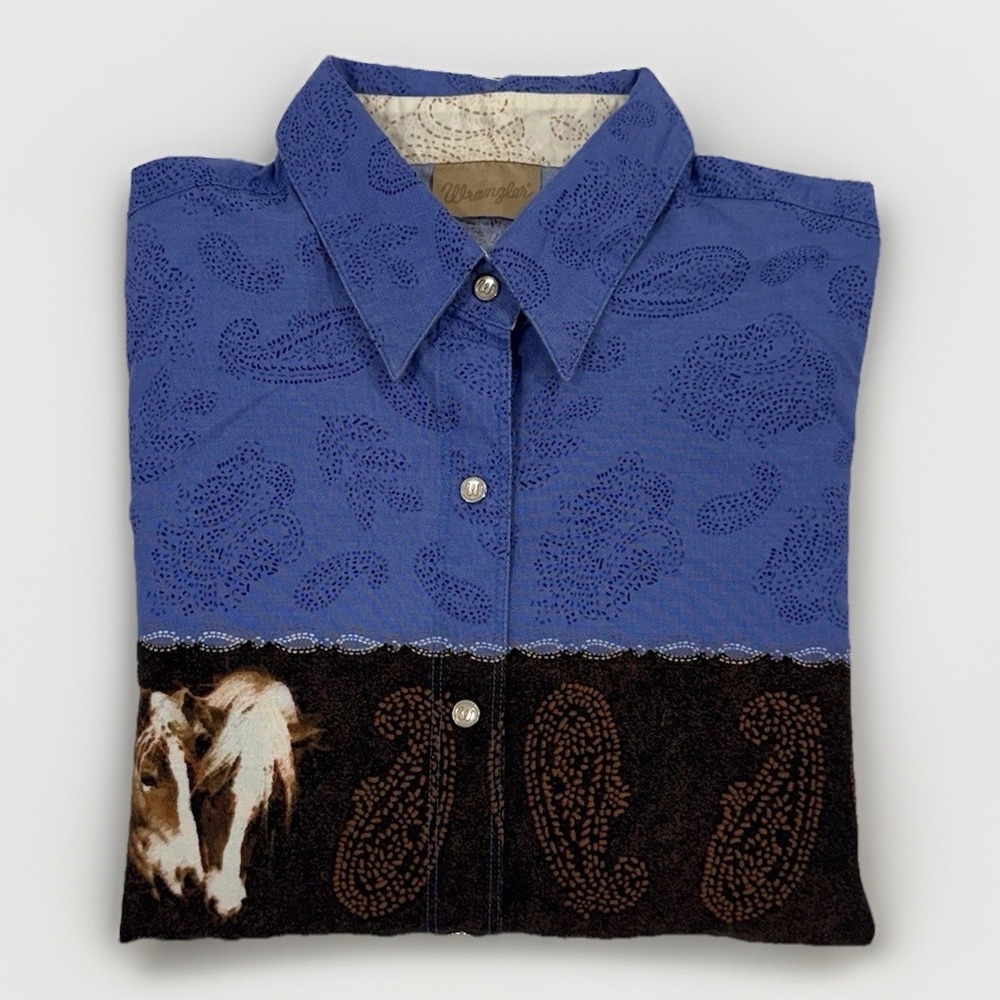 Wrangler Western Cowgirl Rodeo Logo Pearl Snap Shirt Womens Large Horses Paisley